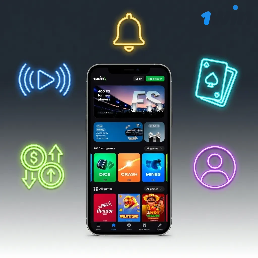 1win mobile app interface showing live betting, casino games, and payment options with touch-optimized controls