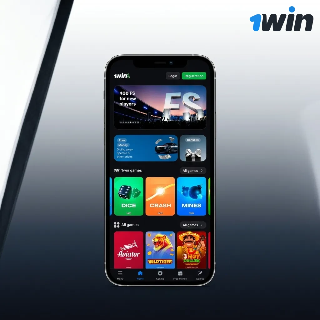 1win app showing three main navigation tabs for Sports, Casino, and Account with fast-loading mobile interface