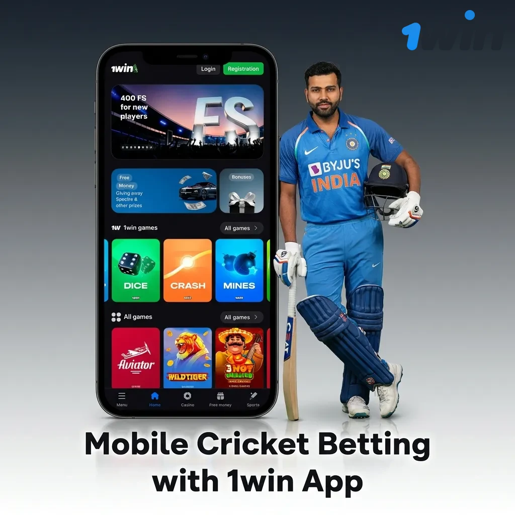 Person using smartphone to place cricket bet on 1win mobile app with live scores and odds displayed on screen