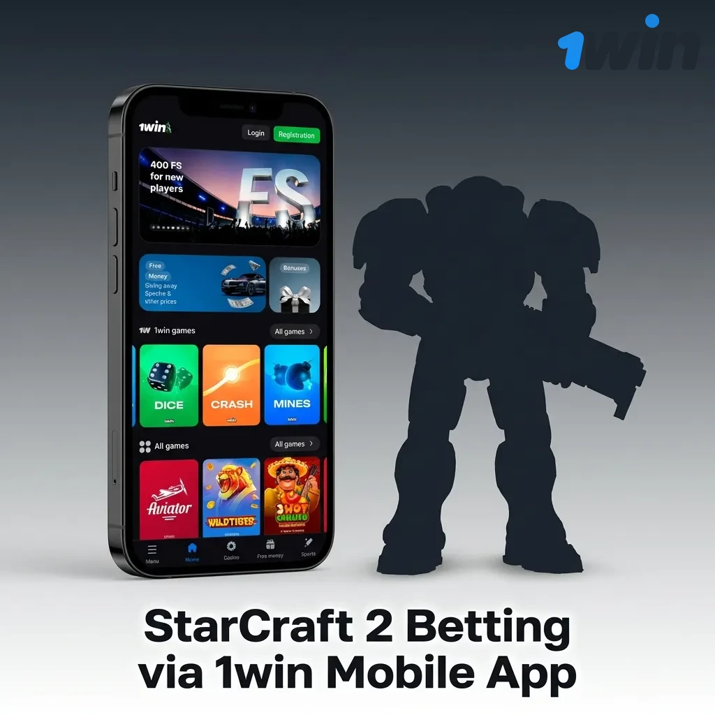 Mobile app interface showing StarCraft 2 betting options on 1win platform with account features and live match updates