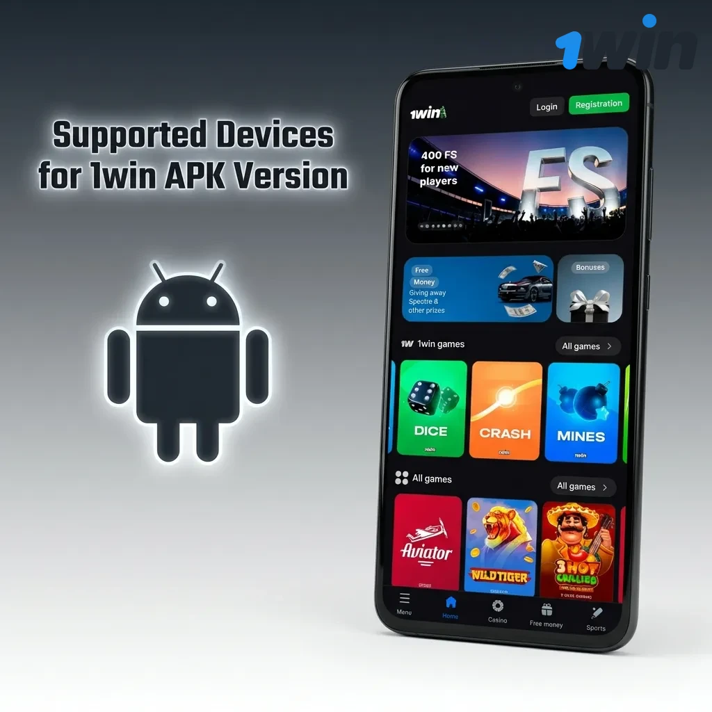 Table showing compatible Android smartphone brands and models for 1win APK including Samsung, Sony, Huawei, OnePlus, and Xiaomi