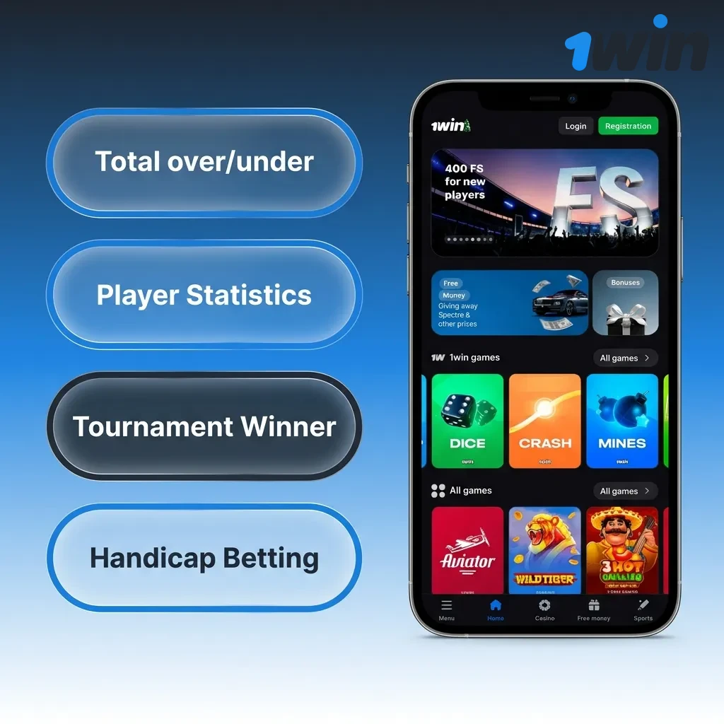 Various betting options on 1win app including single, accumulator, system, chain, and handicap bets displayed on screen.